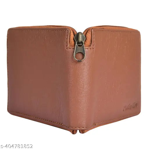 Tan faux leather men's wallet with round chain closer, coin pocket, and camouflage design - Indian-crafted accessory for modern gentlemen
