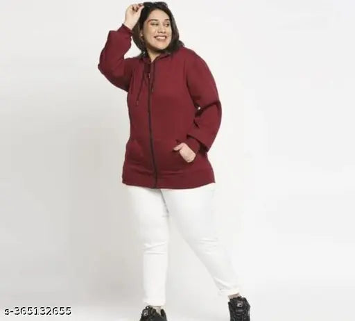 Maroon fleece long-sleeve zipper hoodie, stylish plus size for women, solid pattern