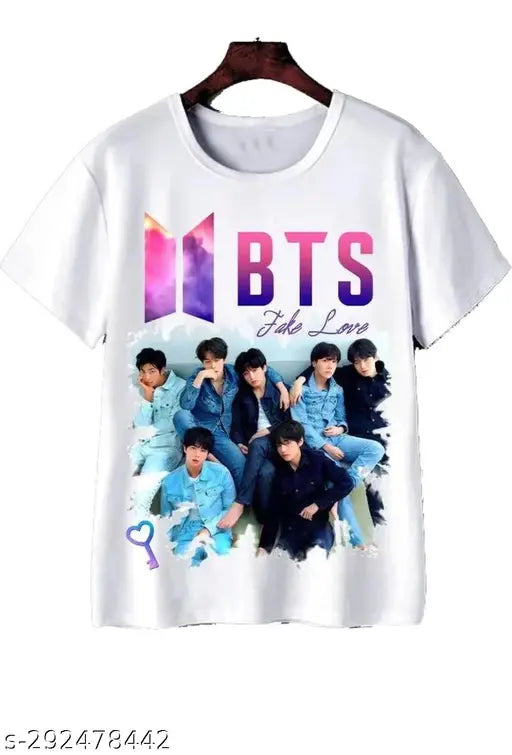 BTS-themed boys/mens white print t-shirt, polyester, regular casual wear