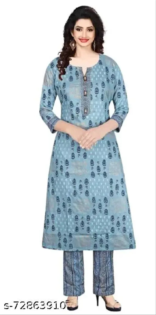 Designer Women's Latest Rayon Kurti Pant Set, printed net kurta with three-quarter sleeves and pants, single size from India