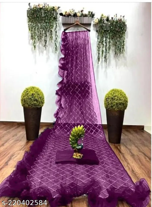 Heavy net sari with check pattern blouse, featuring 3mm gold sequence work and freelance lace border. Indian-made, single size (saree length: 5.5m, blouse length: 0.8m)