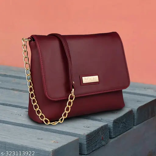Brown metallic sling bag with chain straps, vegan leather