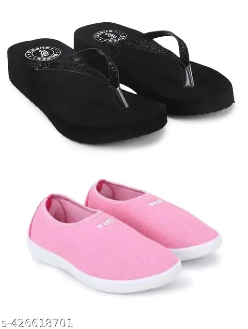 Women's combo slipper set of two flip flops, black fabric with pink trim