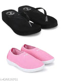Women's combo slipper set of two flip flops, black fabric with pink trim