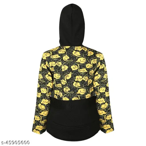 Black and yellow cotton blend full sleeve hood jacket with printed front zipper closure for girls aged 5-6 years, India origin