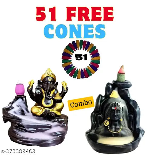 Handcrafted Combo of 2 Backflow Idols and 51 Free Incense Cones | Lord Adiyogi Shiva Mahadev and Ganpati Ganesha Idol | Polyresin Marble Dust Material