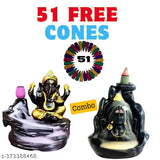 Handcrafted Combo of 2 Backflow Idols and 51 Free Incense Cones | Lord Adiyogi Shiva Mahadev and Ganpati Ganesha Idol | Polyresin Marble Dust Material