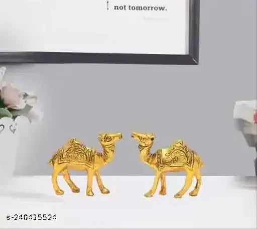Golden metal Rajasthani camel showpiece pair, handcrafted Indian art collectibles for home decor, 4 inch height, 10 cm length and 7.5 cm breadth