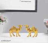 Golden metal Rajasthani camel showpiece pair, handcrafted Indian art collectibles for home decor, 4 inch height, 10 cm length and 7.5 cm breadth