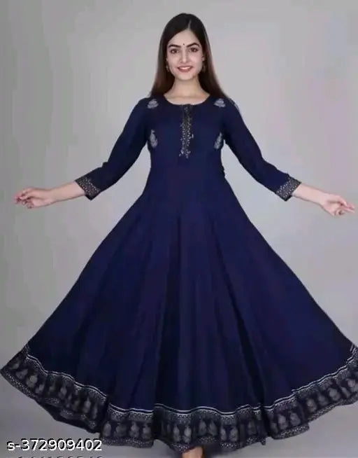 Rayon Forever Anarkali gown, solid-colored three-quarter sleeve dress for women, India-made fashion on mannequin