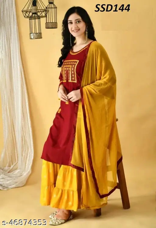 Women's embroidered red kameez and sharara set, golden dupatta
