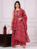 Red rayon printed saree set with pallu, sharara, and dupatta