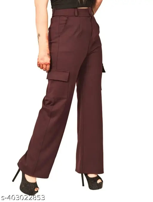 Maroon cargo pants with deep pockets and zip closure