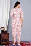 Light pink cotton printed night suit top & pyjama coord sets - women's sleepwear in matching sizes M, L, XL, XXL from India