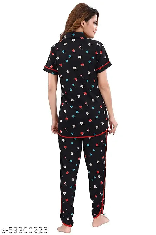 Black polyester knit set: TUCUTE Women's flower printed Sarina shirt & pyjama night suit (5159), short-sleeved and printed design on display