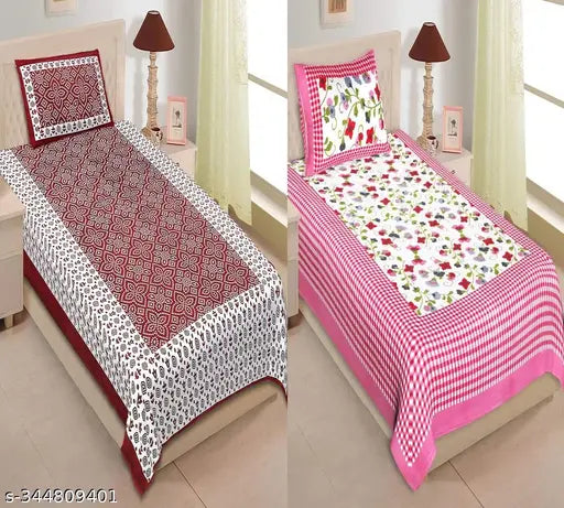 100% cotton pink and white Jaipuri printed bedsheet combo set with 2 pillow covers.