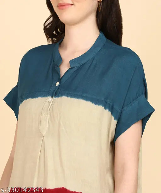 Multicolor tie-dye rayon staple top in vibrant hues, viscose rayon fabric, short sleeves & button detailing. Indian women's fashion