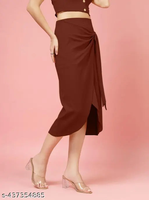 Brown ribbed wrap skirt, women's, elastic waistband, high slit on one side