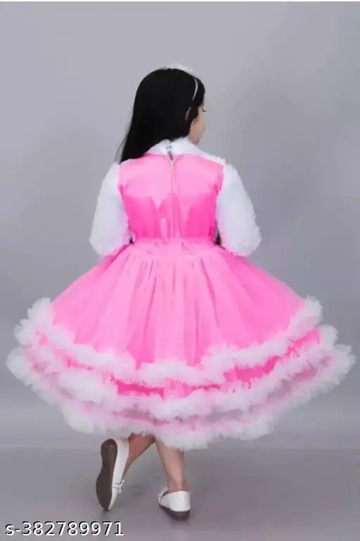 Pink & White Net Silk One-Piece Festive Dress for Girls, perfect for playful occasions and elegant looks. Vibrant colors, comfortable fit, and intricate detailing make it a must-have for 7-8 years old girls. #FrockTopGirlsWomen #KidsFrockBabyGirlPartyWearTop