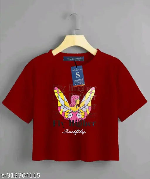 Pure cotton women's crop top with fly higher print, round neck, half sleeves, size S-XXL