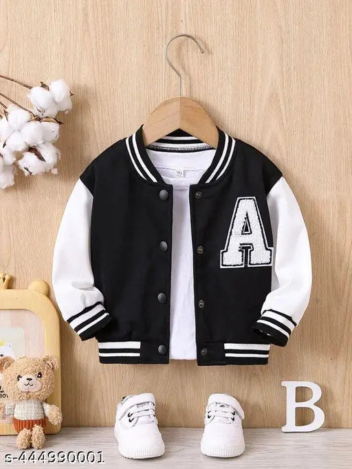 Trendy black and red kids varsity jacket with zip closure, styled in a bomber design for boys and girls, fashionable unisex outerwear. Black, red and white colors. Casual autumn and winter wear