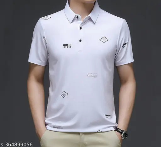 3BROS Printed Polo Neck Short Sleeves Cotton Blend White Stylish Fashionable & Comfortable Trendy Graphic Mens T-shirts