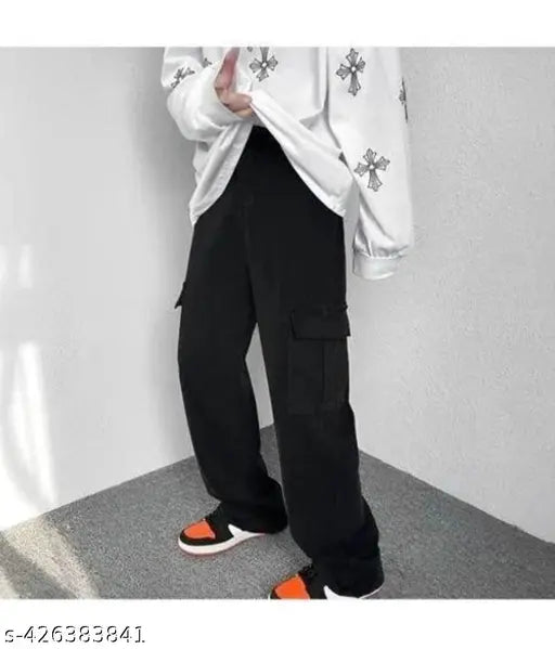 Black cargo pants with long pockets and drawstrings