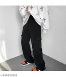 Black cargo pants with long pockets and drawstrings