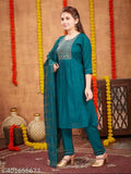 Dark Green Silk Embroidered Salwar Suit for Girls, A-line trousers with three-quarter sleeves, sequin thread embroidery and gota work. Modern wardrobe essential by Aarika. Comes in sizes: 10-11 years (35in/33in), 12-13 years (37in/35in), 14-15 years (39in/37in), 15-16 years (40in/39in). Made in India