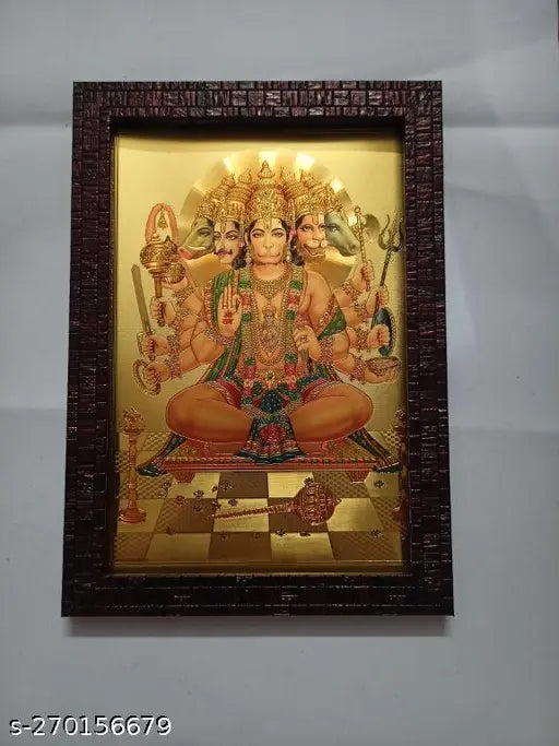 Gold print Panchmukhi Hanuman wall frame, synthetic resin, 9x12 inches, South/Southwest Vastu dosh rectification