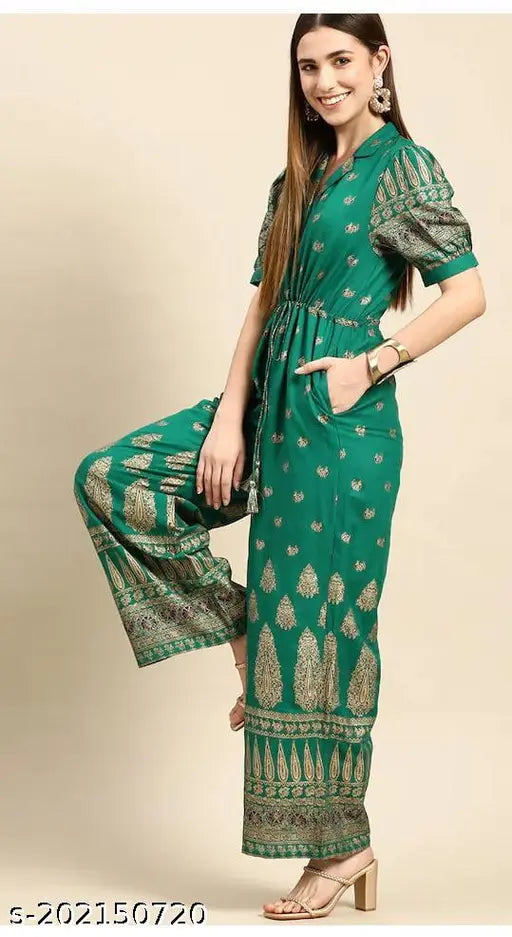 Mintra green viscose rayon jumpsuit with short sleeves and printed net pattern, size XXL from India