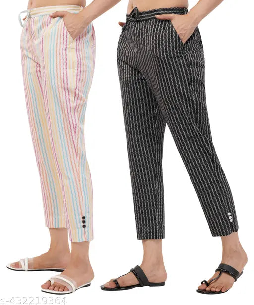 Colorful cotton women's trousers with striped pattern