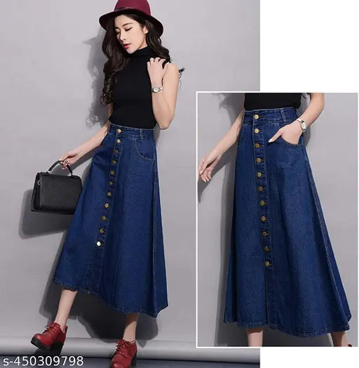 Navy blue denim maxi skirt with button closure, 10 buttons visible