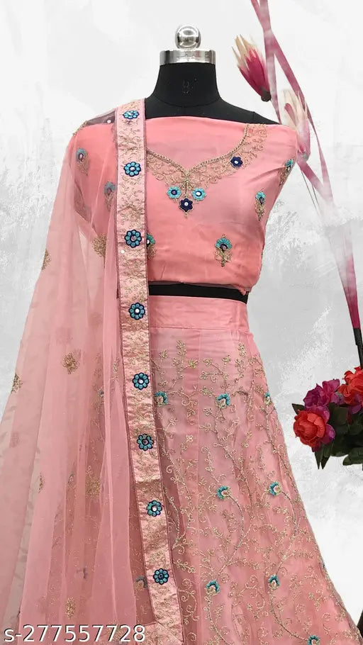 Pink net embroidered Lehenga Choli Set with Dupatta, free size, 2.5m length, suitable for various occasions and festivals