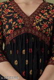 Black, floral print, anarkali kameez with long sleeves and a V-neckline