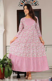 Rayon printed embroidery gown for women, three-quarter sleeves, vibrant Indian print
