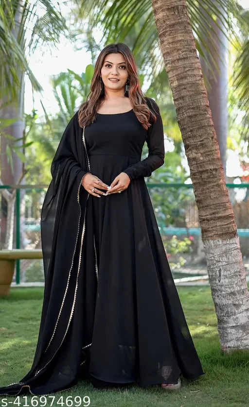 Black Georgette long-sleeved solid dress, elegant partywear for women (Size S-XL)