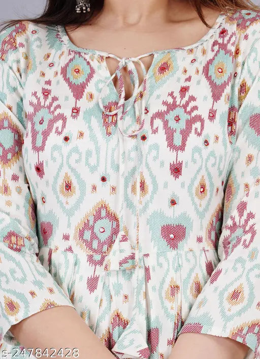 Rayon three-quarter sleeve women's mirror work Nayra cut kurti, printed combo, India