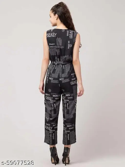 Trendy Black Poly Crepe Sleeveless Jumpsuit with Printed Net, ideal for casual outings, made in India