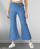 Dark blue stretchable bell bottom denim jeans with mid-waist, elastic waist and ankle cuff for girls, plus size, in a jogger style. Elastic waist band and capri length
