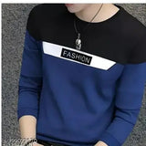 Men's cotton blend, loose fit, colorblocked round neck t-shirt - ideal for casual and fashionable design. Long sleeves with gym wear and oversize styling. Sizes: S, M, L, XL, XXL. Made in India