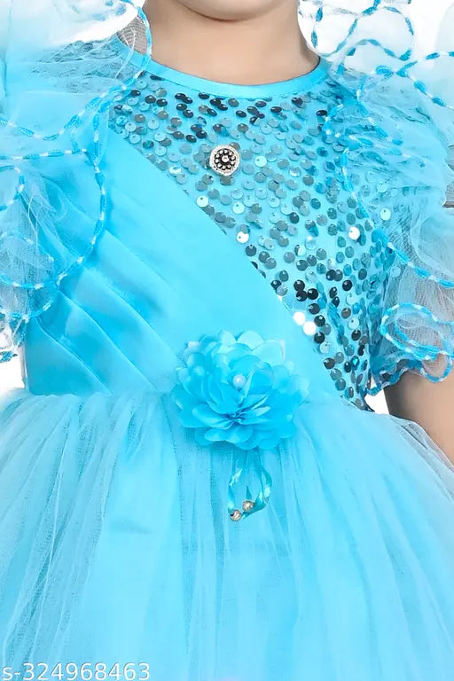Blue and pink cotton net partywear frock for girls, sizes 6-12 years, with designer detailing