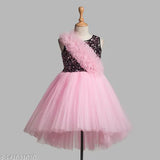 Pink net ruffled bodice hi-low dress for girls, embellished party wear, size 1-2 years, India origin