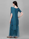 Teal silk blend kurta and sharara with dupatta, embroidered for party/wedding wear. Single item includes sequined top, shantoon bottom, net dupatta. Sizes: S (36-26-37, 14.5"), M (38-28-39, 15"), L (40-30-41, 15"), XL (42-32-43, 15.5"), XXL (44-34-45, 15.5"). Made in India