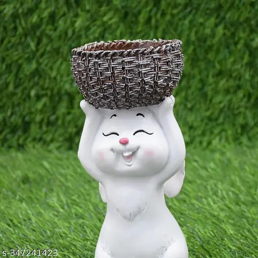 White ceramic rabbit statue holding brown wicker basket, table decor garden accent kids room gift