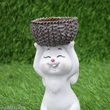 White ceramic rabbit statue holding brown wicker basket, table decor garden accent kids room gift