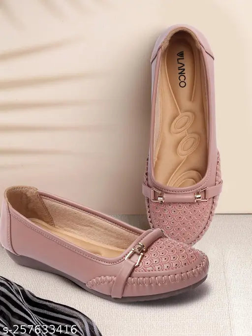 Synthetic leather, embroidered pink bellies for women - Vlanco brand slip-on ballet flats, woven design, elevate your style