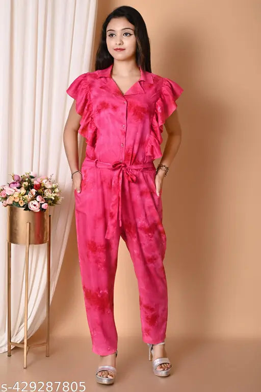 Cotton Cambric sleeveless ruffle jumpsuit for women, dyed/washed net pattern, trendy and elegant
