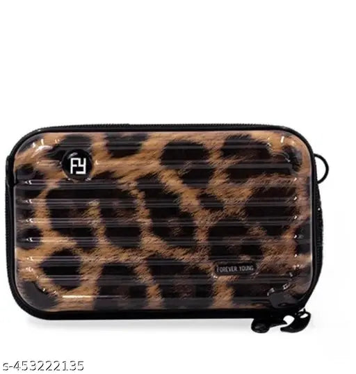 The image shows a compact leopard print purse with a side pocket, suitable for cross-body wear