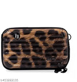 The image shows a compact leopard print purse with a side pocket, suitable for cross-body wear